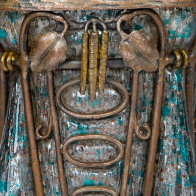 Art Deco Art Glass & Decorated Wrought Iron Vase