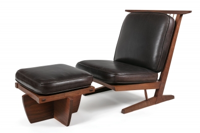 George Nakashima Conoid Lounge Chair & Ottoman with Leather Cushions