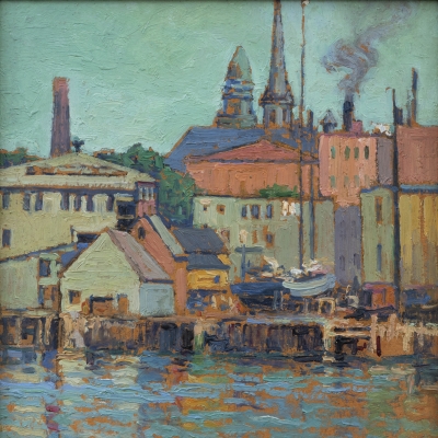 Harriet Randall Lumis (1870–1953), Gloucester Wharf, c. 1920, oil on canvas, 12 x 10 in. (detail), colorful scene of buildings and boats on the docks of Gloucester, Massachusetts