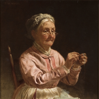 Thomas Waterman Wood (1823–1903), Threading a Needle, c. 1870, oil on canvas, 10 x 12 in. (detail)