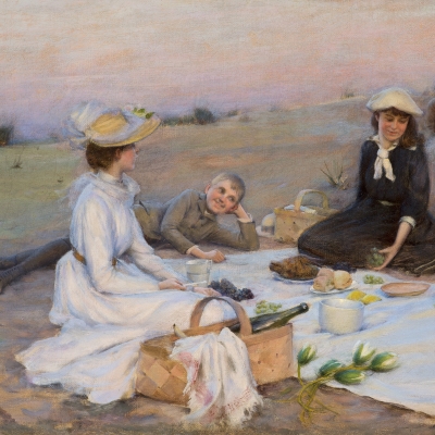 Charles Courtney Curran (1861–1942), Picnic Supper on the Sand Dunes, 1890, oil on canvas, 12 x 20 in. (detail)