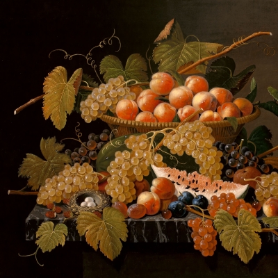 Severin Roesen (1816–c. 1872), Still Life with Fruit and a Bird’s Nest, c. 1871, oil on canvas, 30 x 40 in. (detail)