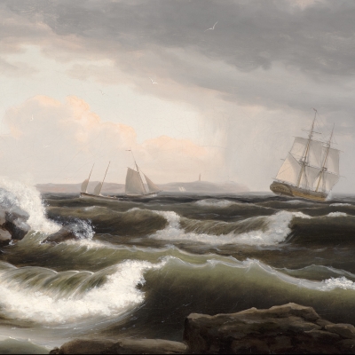 Stormy seascape off the coast of Maine by Thomas Birch (detail).
