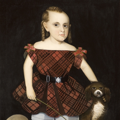 Ammi Phillips (1788–1865), Portrait of a Child in a Plaid Dress with a Dog, oil on canvas, 37 1/2 x 28 1/4 in.