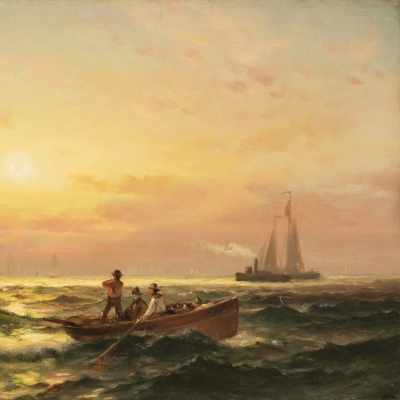 Edward Moran (1829-1901), Shipping at Sunset, oil on canvas, 11 1/4 x 19 1/4 in. (detail)