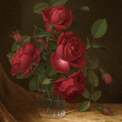 Martin Johnson Heade (1819–1904), Four Roses in a Glass, c. 1883–1900, oil on canvas, 22 x 14 in. (detail)