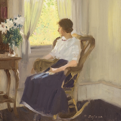 Edward Dufner (1871–1957), By the Window, c. 1911–17, oil on board, 9 3/4 x 7 3/4 in. (detail)