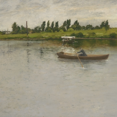 William Merritt Chase (1849–1916), Pulling for Shore, c. 1886, oil on panel, 17 3/4 x 30 in. (detail), woman rowing on a lake