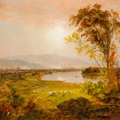 Jasper F. Cropsey (1823–1900), A Bend in the River, 1892, oil on canvas, 12 1/2 x 20 1/2 in. (detail)