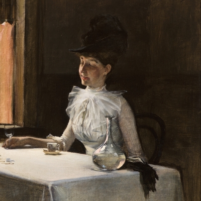 Irving Ramsey Wiles (1861–1948), The Loiterers, 1887, oil on canvas, 18 x 24 in. (detail). The artist and his wife seated in a Parisian cafe.