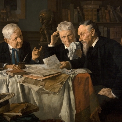 Louis Charles Moeller, (1855–1930), A Discussion, c. 1890, oil on canvas, 18 x 24 in. (detail)