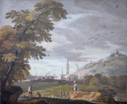 Shepherds and their Flock, a Laundress, her Dog, Other Figures in a Hilly Landscape on the Outskirts of a City