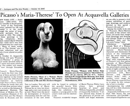 Photograph of "'Picasso's Maria-Thesese' To Open At Acquavella Galleries"