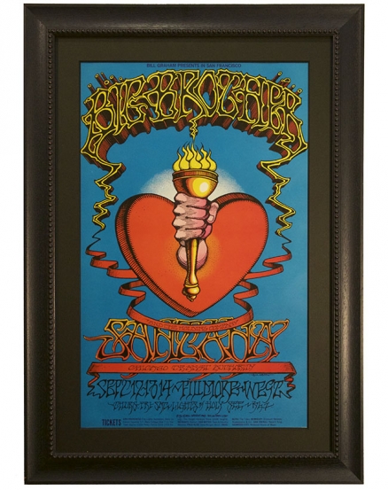 BG-136 Original 1968 poster by Rock Griffin called Torch and Heart advertising Sept 12-14 1968 concerts by Big Brother & the Holding Company, Santana and Chicago Transit Authority Band at the Fillmore West