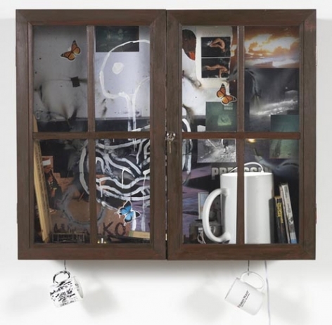 Inkantinent Mochte Gemacht; Mexiko, 2011. Mixed media collage in cabinet/window, 31 3/4 x 37 1/2 x 12 3/4 inches (80.6 x 95.3 x 32.4 cm). MP 21