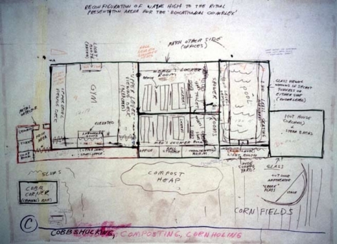 Repressed Spatial Relationships Rendered as Fluid, No. 3: Reconfiguration of Wayne High into the Ritual Presentation Arena of the Educational Complex, 2002. Mixed media on butcher paper mounted on rag paper, 48 x 66 1/2 inches. MP 02-15A
