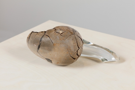 Rachel Rose, Open Egg, 2018. Rock and blown glass, 4 3/8 x 10 1/4 x 5 1/2 inches (11 x 26 x 14 cm).