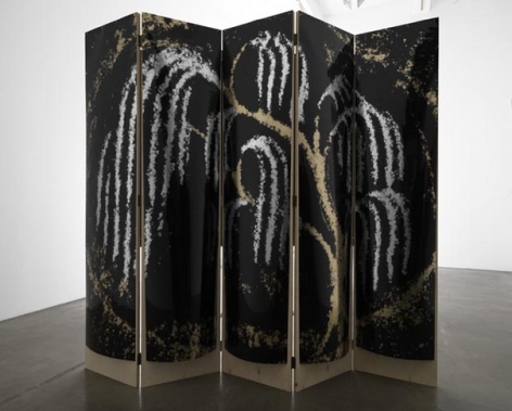 Yours, Patsy Cline screen #1, 2010. Acetate, foil, mdf, 5 panels, 85 x 19 x 1 inches (each panel); 85 x 95 x 1 inches (overall). MP 136