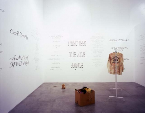 Mike Kelley, Written in the Wind, 1991 (Detail). Cardboard box, 10 found stuffed animals, coat rack with jacket & shirt, ten wall texts, dimensions variable. MP 9180