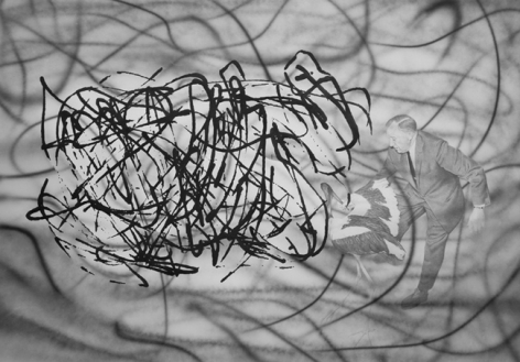 Jim Shaw, Untitled Scribble (Man Wrestling with Stork), 2008. Pencil and ink on paper, 48 x 67-13/16 inches (image) (121.9 x 168.1 cm); 52-1/2 x 72-1/2 inches (framed) (130.8 x 181.6 cm). MP D-473