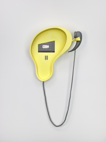Bad Dad & Beyond, 2015. Three dimensional resin print, HDMI 4 pi 10.1", HMDI cable, 9V AC/DC 1000 mA power adaptor, IR sensor, 8 ohm speaker small, class D amp, soundcard (USB-connected), 1/8" cable, pushbutton, jumper wire: 6-pin female conn, RJ11 jack, 25 ft Vodavi Gray Phone Cord, Rasp Pi 2 Model B V1.1, power cord USB, ethernet cable. 44 x 20 x 9 inches (111.8 x 50.8 x 22.9 cm).