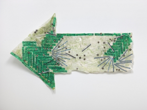 Allyson Vieira, Domestic Waste, 2018. Styrofoam, plastic bags, resin, 41 1/2 x 66 1/4 x 5 3/4 inches (105.4 x 168.3 x 14.6 cm).