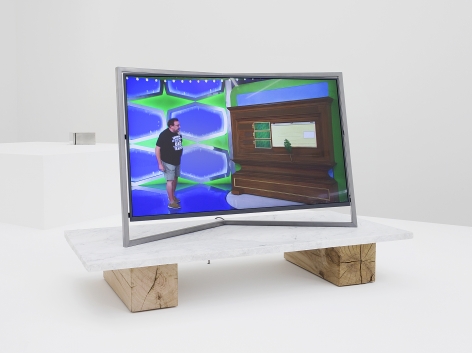 Paul Pfeiffer, Desiderata 2017, 2018. Digital video loop, fabricated steel monitor with embedded media player, marble, wood, 35 1/16 x 22 7/16 x 52 3/8 inches (89.1 x 57 x 133 cm), 4 minutes, 18 seconds.