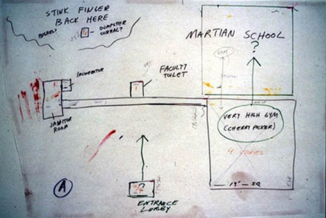 Mike Kelley ,Repressed Spatial Relationships Rendered as Fluid, No. 1: Martian School(Work Site), 2002. Sculpture: aluminum, steel; drawing - mixed media on butcher paper mounted on rag paper. Sculpture: 42 x 54 x 54 inches (106.7 x 137.2 x 137.2 cm); drawing: 35 x 50-1/2 inches (88.9 x 128.3 cm). MP 02-13
