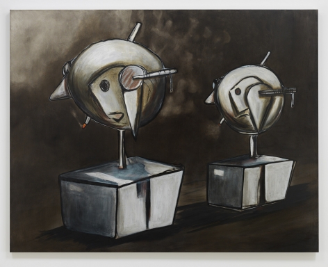 Wood. Cloth. Iron. Cigarettes., 2019. Oil on linen, 62 x 79 inches (157.5 x 200.7 cm).