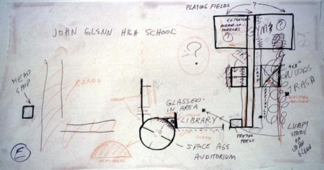 Repressed Spatial Relationships Rendered as Fluid, No. 5: John Glenn High School with White Panther Satellite, 2002. Mixed media on butcher paper mounted on rag paper, 33 3/4 x 62 inches. MP 02-17A