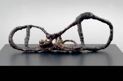 Figure Maker with Sphere, 2007. Ceramic, formica pedestal, sculpture: 18 x 46 inches (45.7 x 116.8 cm); pedestal: 24 x 40 x 64 inches (61 x 101.6 x 162.6 cm). MP 29