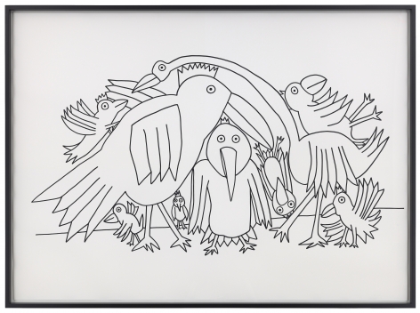 Voegel, 2017, Ink on paper, Image 43 x 59 inches (109.2 x 149.9 cm), Frame 44 7/8 x 60 3/4 inches (114 x 154.3 cm)