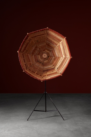 Parabolic Satellite , 2015 Plywood, light stand 78.74 x 51.18 x 19.69 inches 200 x 130 x 50 cm Dimensions variable, 