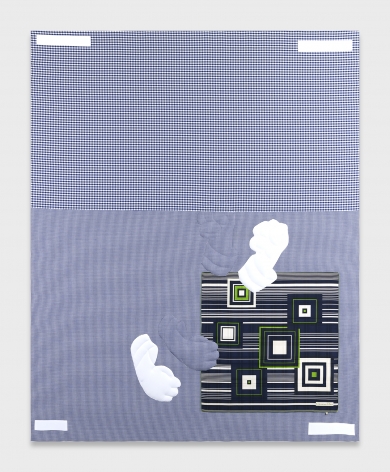 A large stretched painting with a blue and white gingham fabric as the background with two white fists and two blue and white gingham firsts making a punching motion. In the lower right-hand corner is a dark blue and white striped square of fabric with smaller multicolored squares embroidered over it.