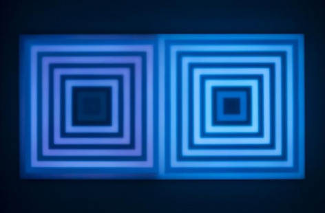 LEO VILLAREAL Double Scramble 2 2014, light emitting diodes, computer, custom software, circuitry, wood, plexiglas, 37.5 x 73.5 x 3.75 inches