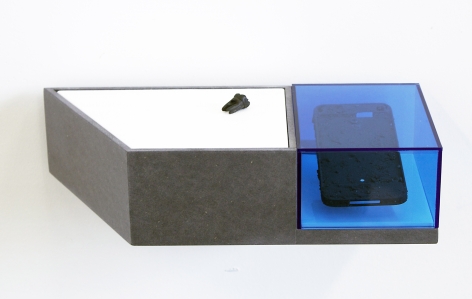 BENJAMIN KELLEY Untitled 01 2019, Valcromat, vinyl, acrylic, panted brass, Iphone chassis and earth, carved ancient bog oak (human tooth).