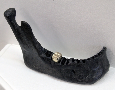 BENJAMIN KELLEY Untitled 03 2019, Valcromat, vinyl, carved ancient bog oak (human mandible).