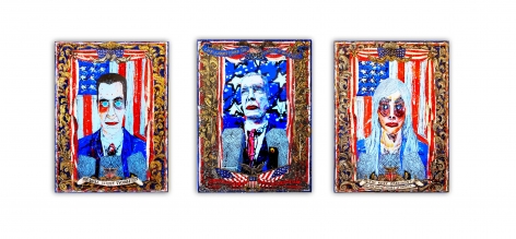 Federico Solmi_American Circus (Installation view) 2014, 3 video paintings, acrylic paint on plexiglass, gold and silver leaf, video loop, time varies, 18 x 24 inches (each)