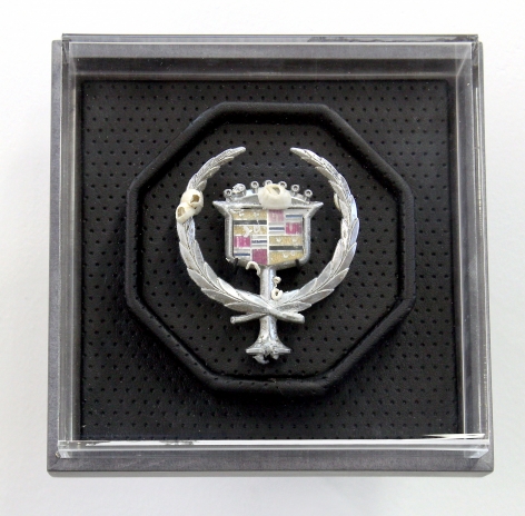 Benjamin Kelley Untitled 07 2019, Vinyl, acrylic, valcromat, barnacle encrusted Cadillac emblem, 6.25 x 6.25 x 6 inches.