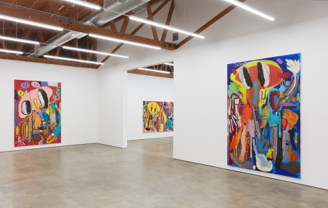 Installation Image of "Moshé Feldenkrais Pastrami Portrait (abstraktes Bild 1A)", "Verbotene Plätze" and "Goethe komischer Mann"