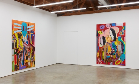 Installation View of "Ernst Ludwig Kirchner Hinrichtung im Jahre 1999" and "Moshé Feldenkrais Pastrami Portrait (abstraktes Bild 1A)"