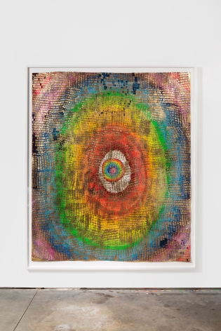 Mindy Shapero Scar of Midnight Portal with Stencils and Solid Negatives, 2019-2020. Acrylic, spray paint, gold and silver leaf on paper, 87 1/2 x 72 in, 222.3 x 182.9 cm (MS20.001),