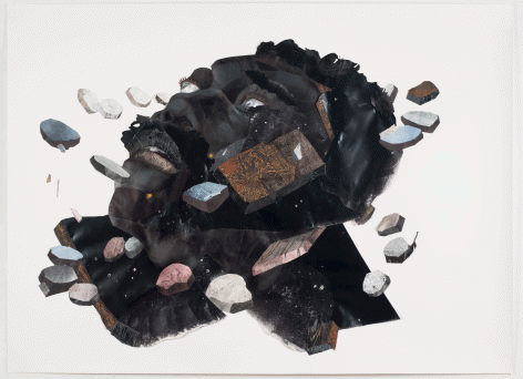 Yashua Klos "Wind Monument", 2015 Collage with oil based ink and woodblock prints on archival paper 48 x 64-7/8 inches
