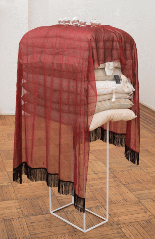 Fred Holland "Beacon", 2015 Pillows, steel, fabric, wood, glass, and plaster 56 x 27 x 21-1/2 inches