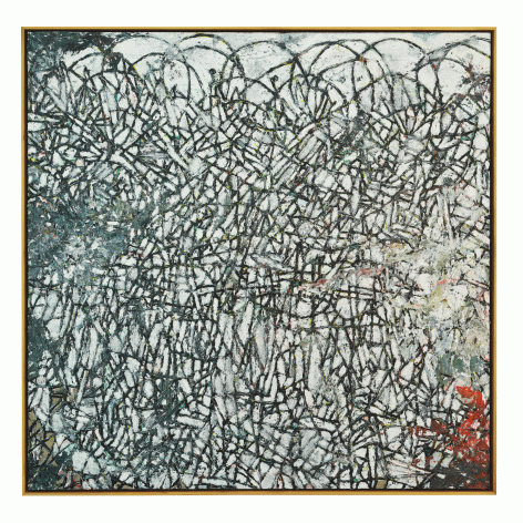 Zachary Armstrong "Portrait After Noah Red Corner", 2016 Oil and encaustic on linen in artist frame 48 x 48 inches