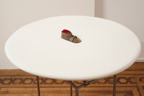 Fred Holland "Anna Elizabeth", 2015 Steel, plaster, cast bronze baby shoe, and fabric 36 1/2 x 25 x 25 inches