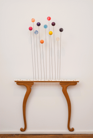 Fred Holland "Henry XV", 2015 Wood, steel rods, plaster, locksmith keys, and toy balls 57 x 30 x 4 inches