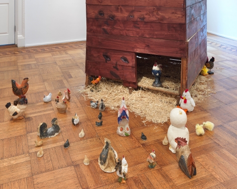 This image is an installation view of the February James exhibition titled "When the Chickens Come Home To Roost." The exhibition features paintings, watercolors and sculptures by February James installed and on view at Tilton Gallery.