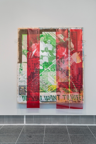 Tomashi Jackson, "Contradiction (1948 Head of Voter Registration Line)(1965 Clarence Mitchell, Patricia Roberts Harris, and others watching the Signing of the Act)", 2020, Acrylic, Pentelic marble, Ohio Underground Railroad site soil, American electoral ephemera, and paper bags on canvas and fabric, 89 1/2 x 80 x 8 inches