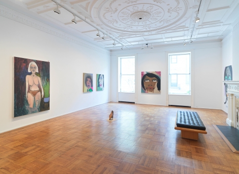 This image is an installation view of the February James exhibition titled "When the Chickens Come Home To Roost." The exhibition features paintings, watercolors and sculptures by February James installed and on view at Tilton Gallery.